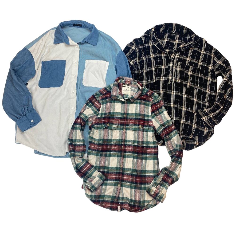 Womens Lot Plaid Checkered Lumberjack Button Up Collar Long Sleeve Shirt Top S/M